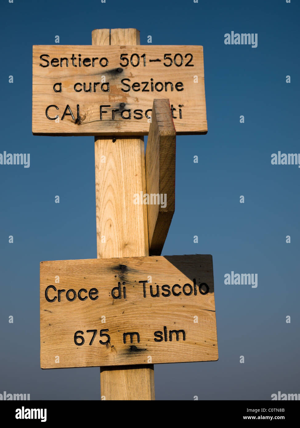 Close-up of hiking trails (paths) wooden signs on mount Tuscolo Stock Photo
