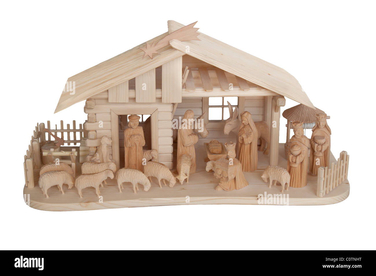 Nativity Scene made of wood, isolated on white Stock Photo