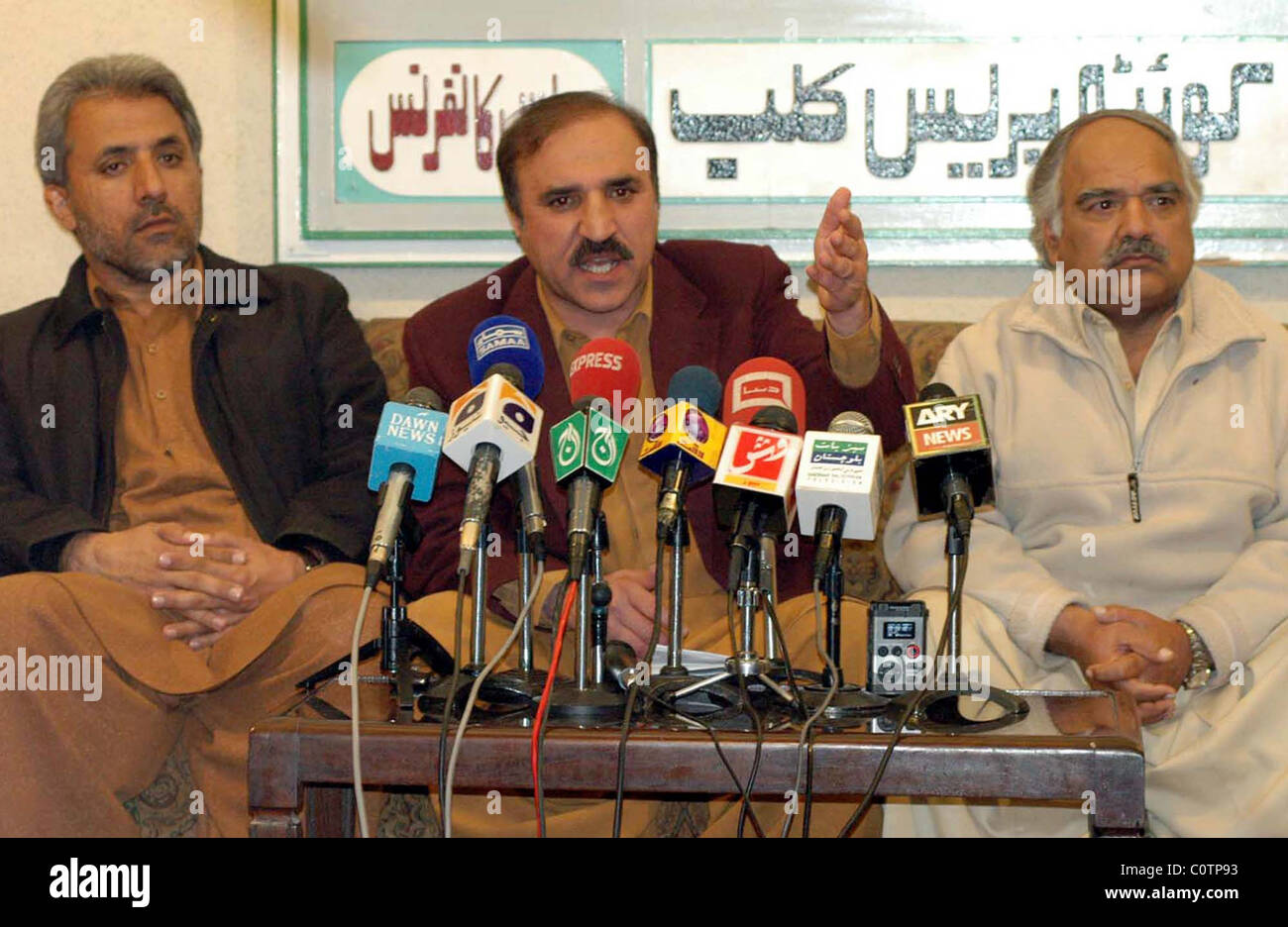 Balochistan Bar Association (BBA) President, Baz Mohammad Kakar gestures during press conference at Quetta press club Stock Photo