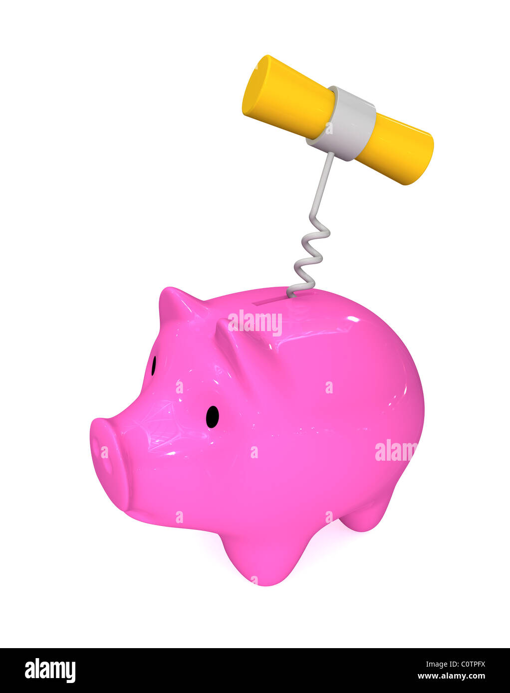 Threedimensional image a piggy bank opens by means of a corkscrew