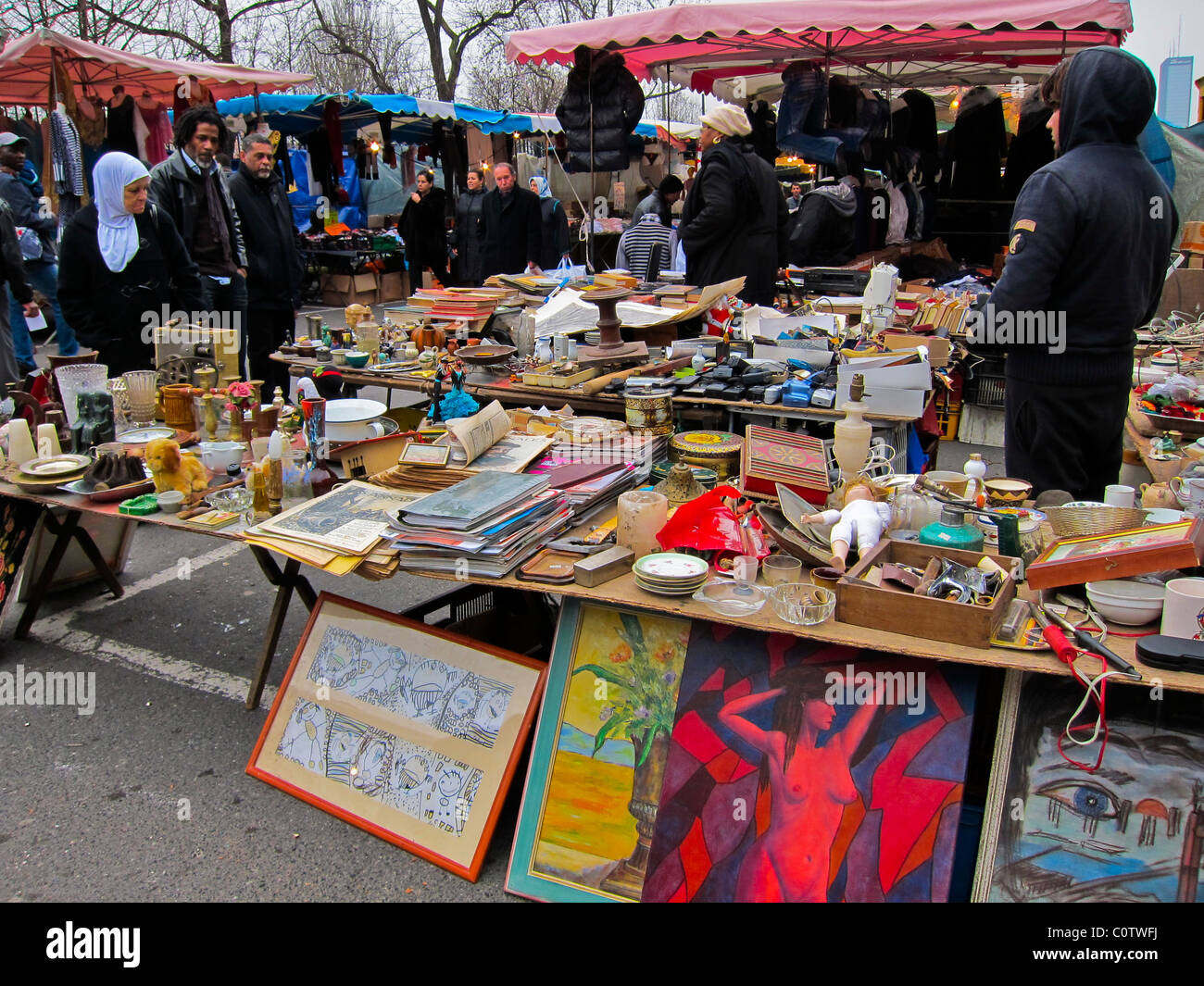 Paris, France, Large Crowd People Shopping, lPicture Frames, Amateur Art Work For sale, montreuil flea market, foreign tourist stalls Stock Photo