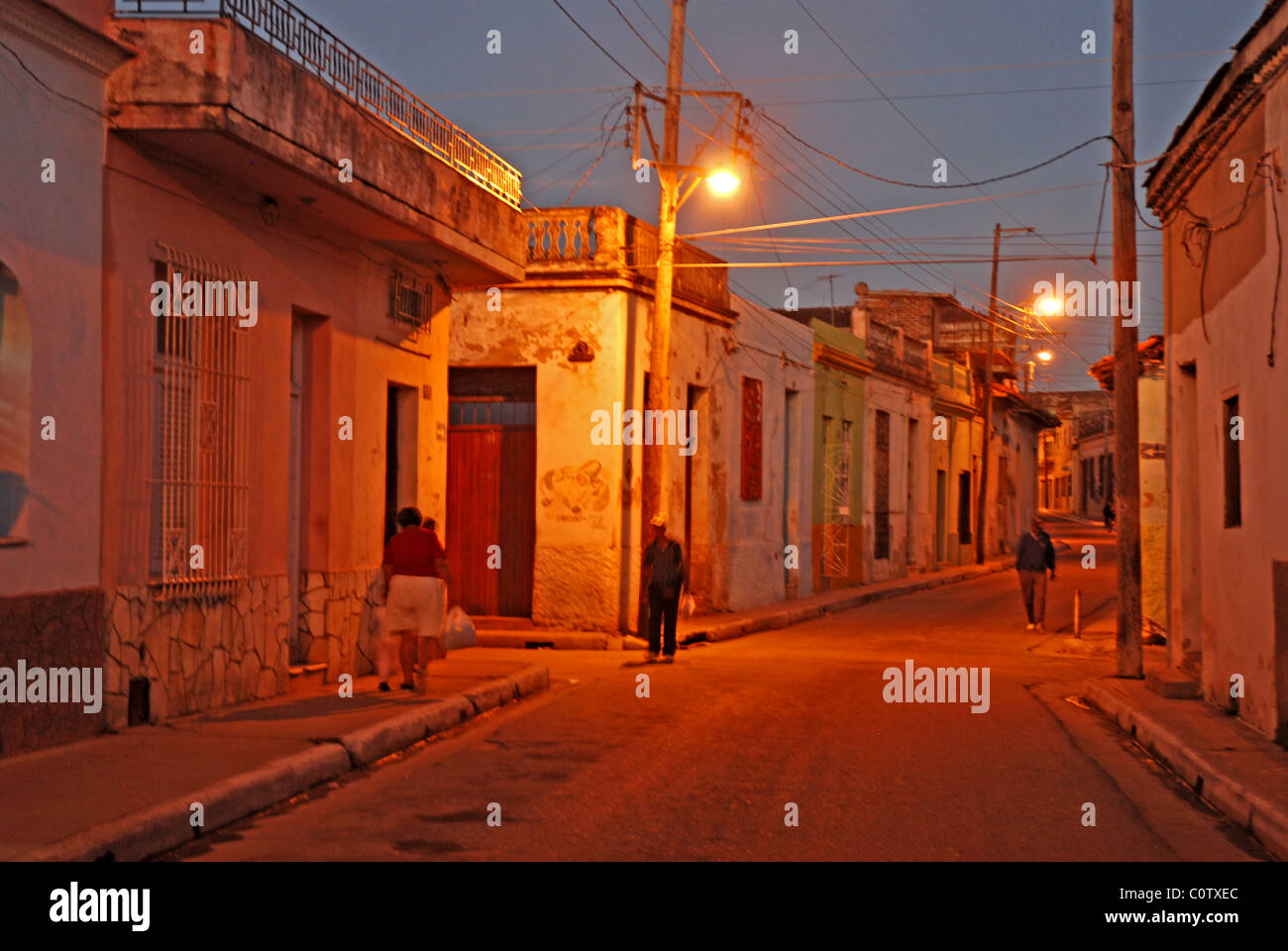Night street scene at Camagüey, Cuba Stock Photo