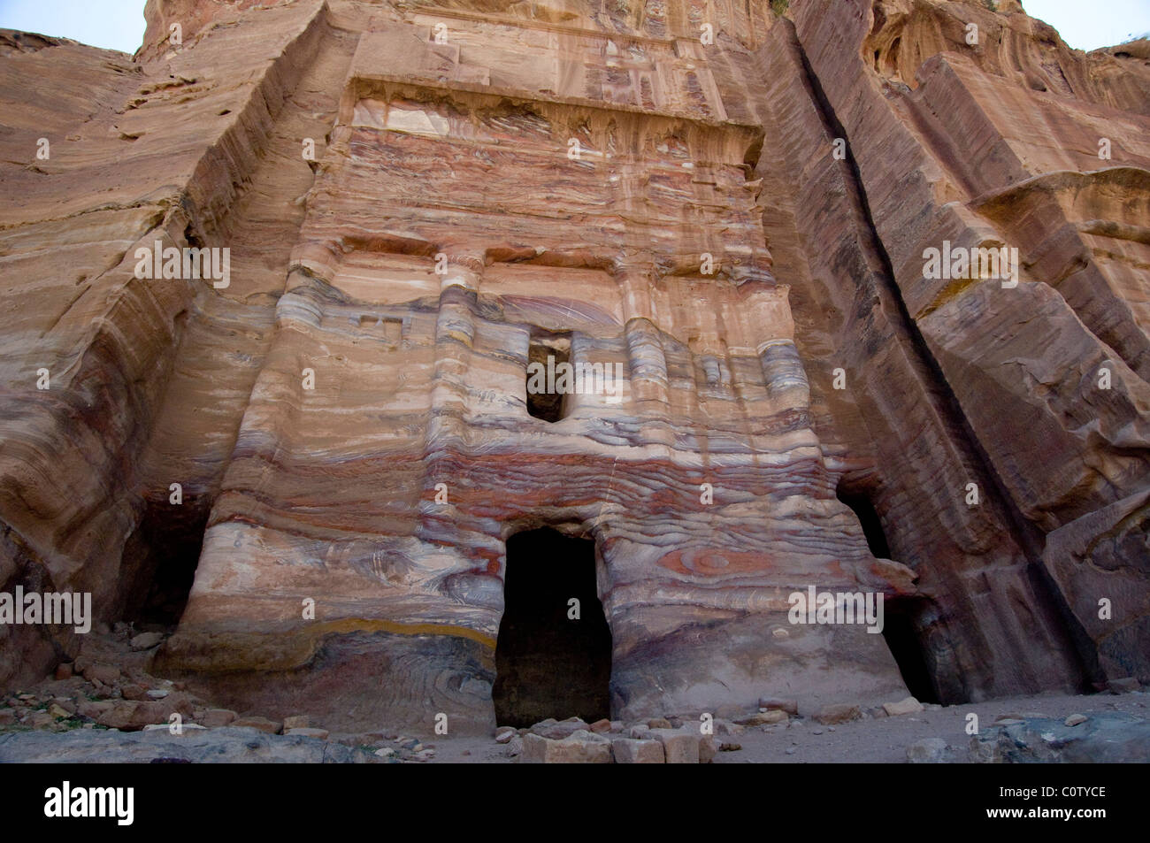 Jordan, Ancient Nabataean city of Petra. The Silk Tomb, named for the colorful sandstone rock striations on the facade. Stock Photo