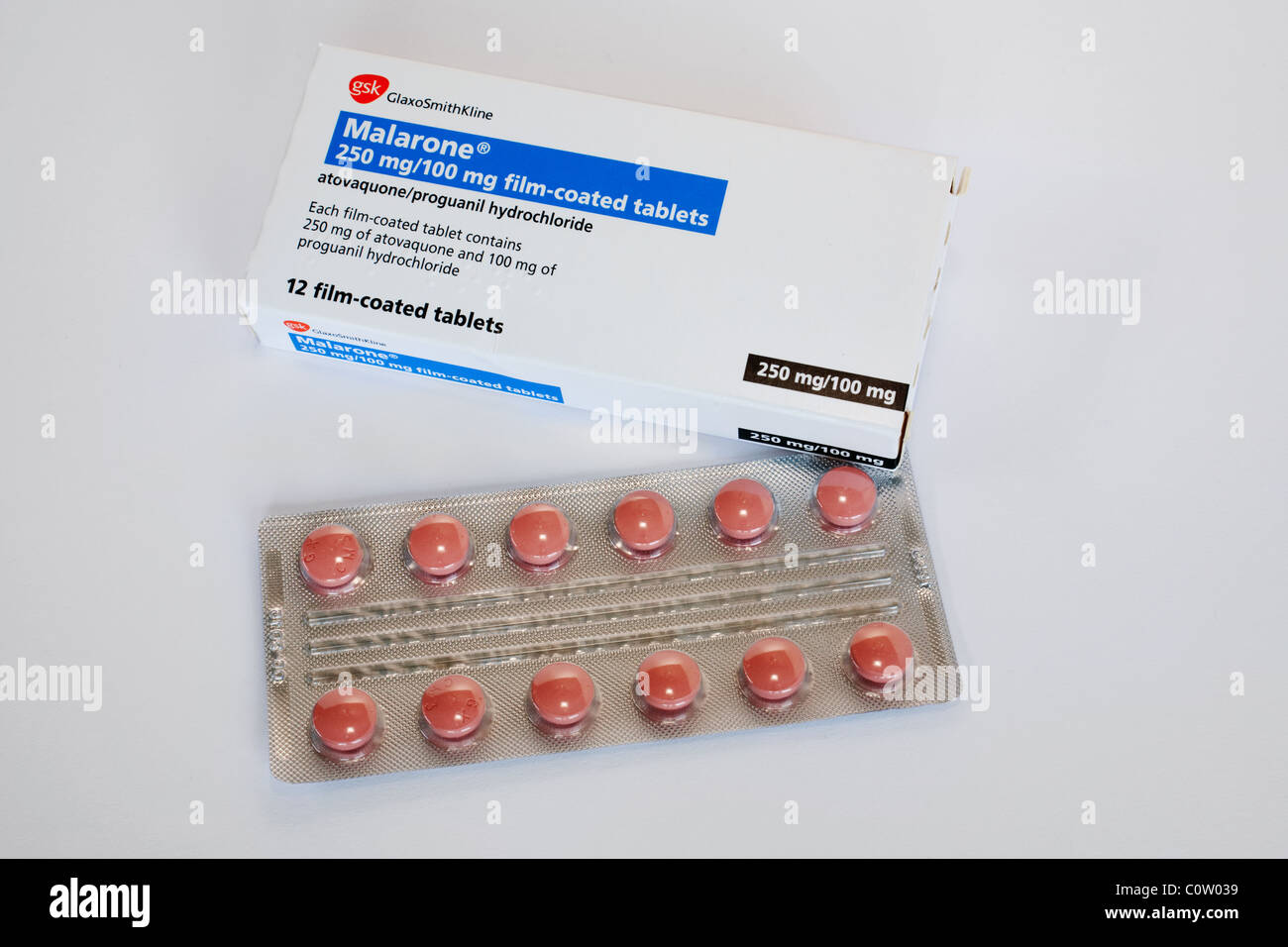 A box of malarone antimalarial malaria tablets, UK Stock Photo