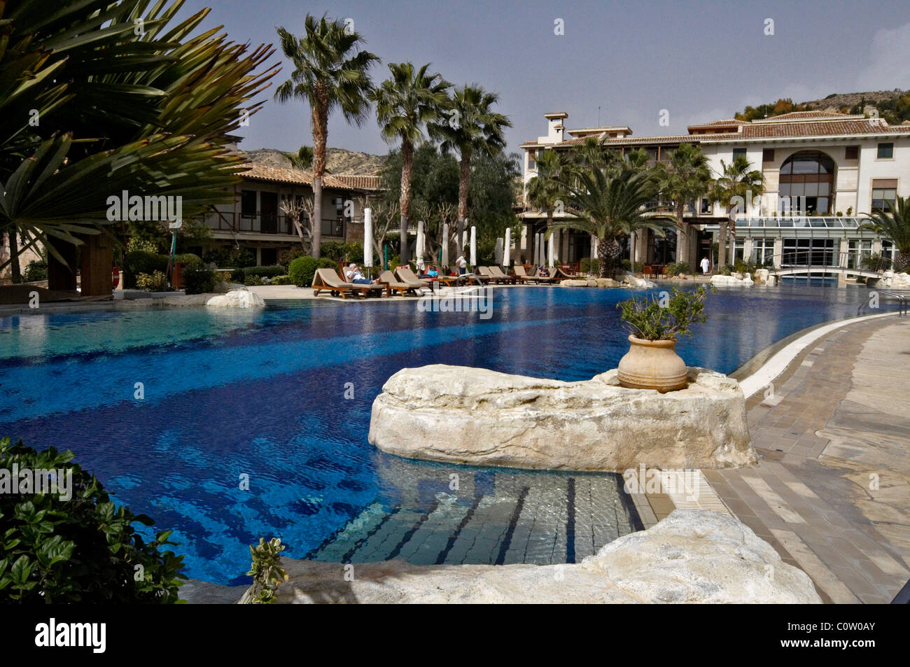 The grounds and swimming pool at the Columbia Beach Hotel in Pissouri Cyprus Stock Photo