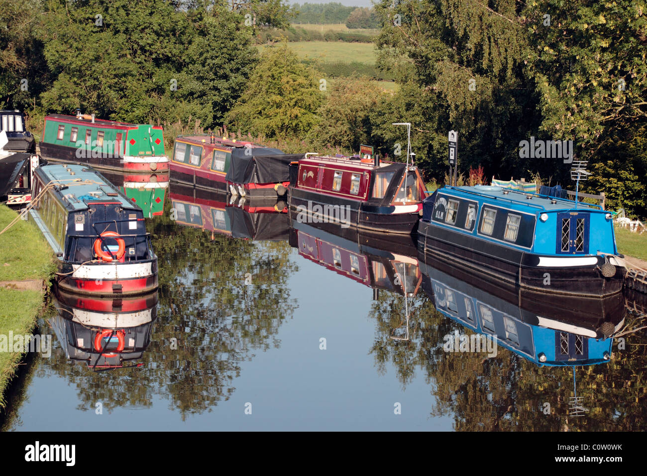 Canal boats on the Willington canal, near Burton, Derbyshire, UK. Stock Photo