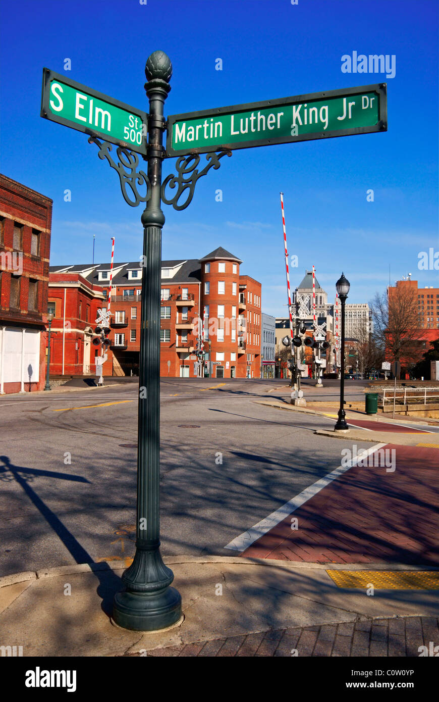 Elm street and Martin Luther King Jr. Drive crossing in Greensboro