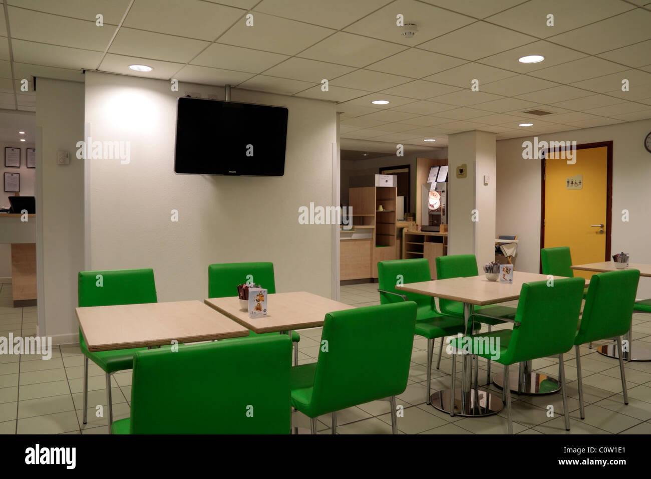 The breakfast seating area inside the Etap budget hotel (now rebranded Ibis Budget) in Leicester, UK. Stock Photo