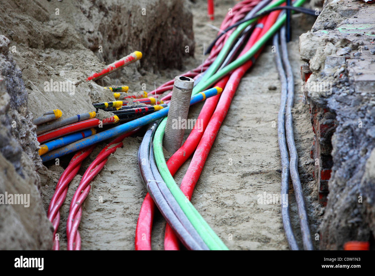 Different cables in a construction, cable trench. Cable for