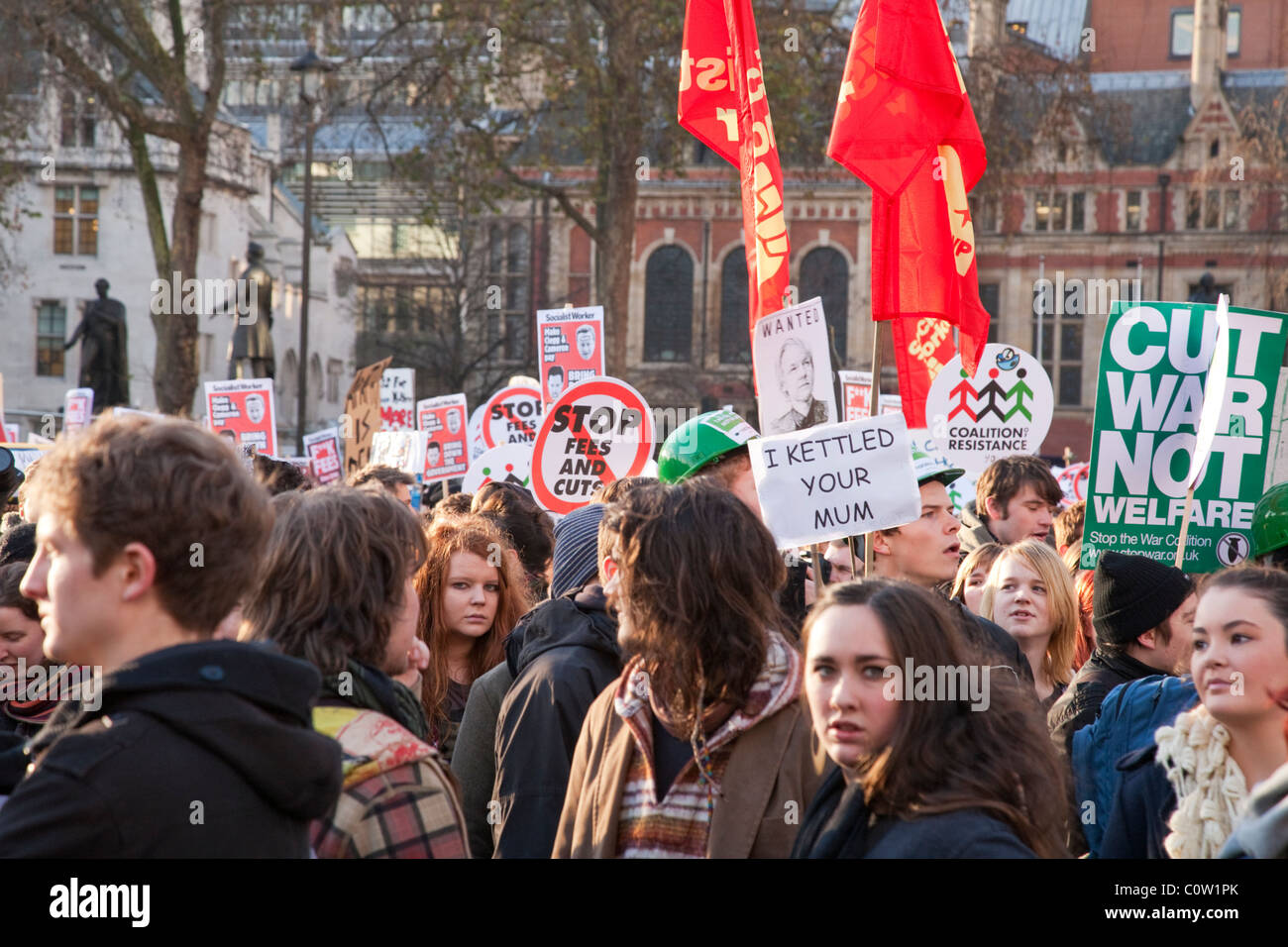 Students demonstration against tuition fees cut in Parliament Square, London on 9 December 2010 Stock Photo