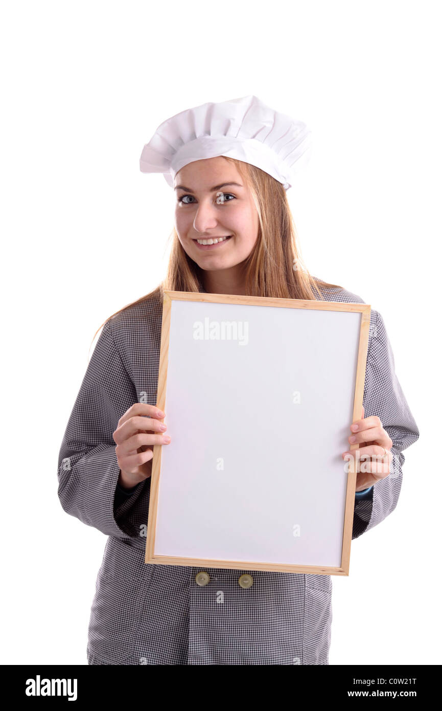 young female cook with ad bord. Isolated on white Stock Photo