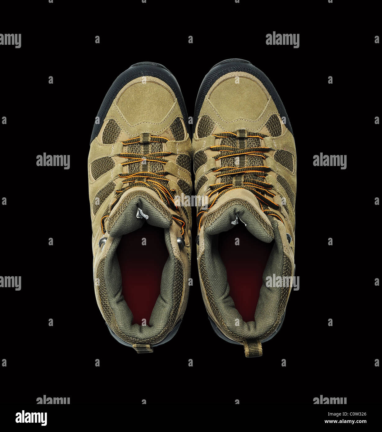 Walking boots on black background Stock Photo Alamy