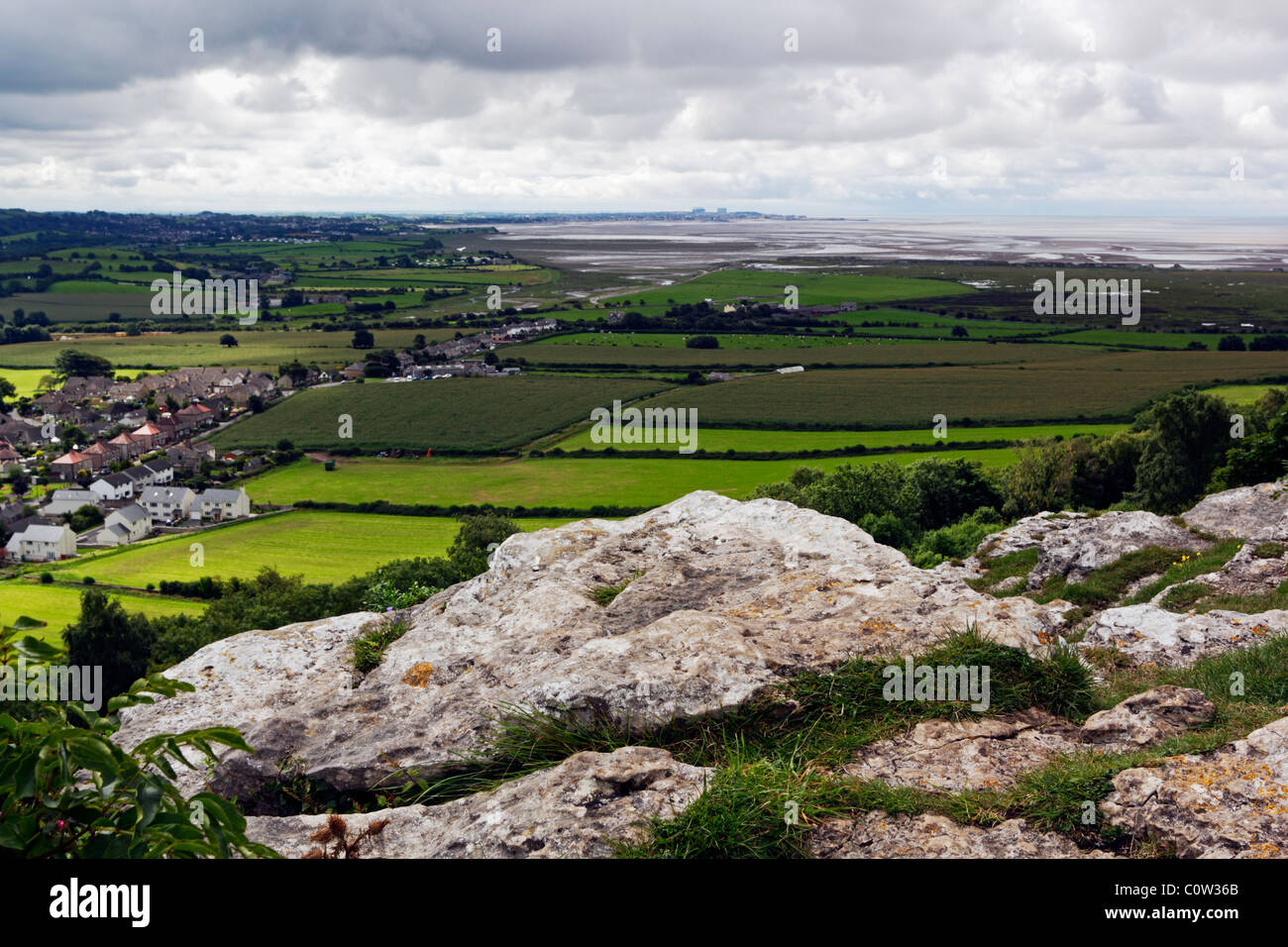 View from Warton Crag overlooking Morecambe Bay, Warton and Carnforth in Lancashire. Stock Photo