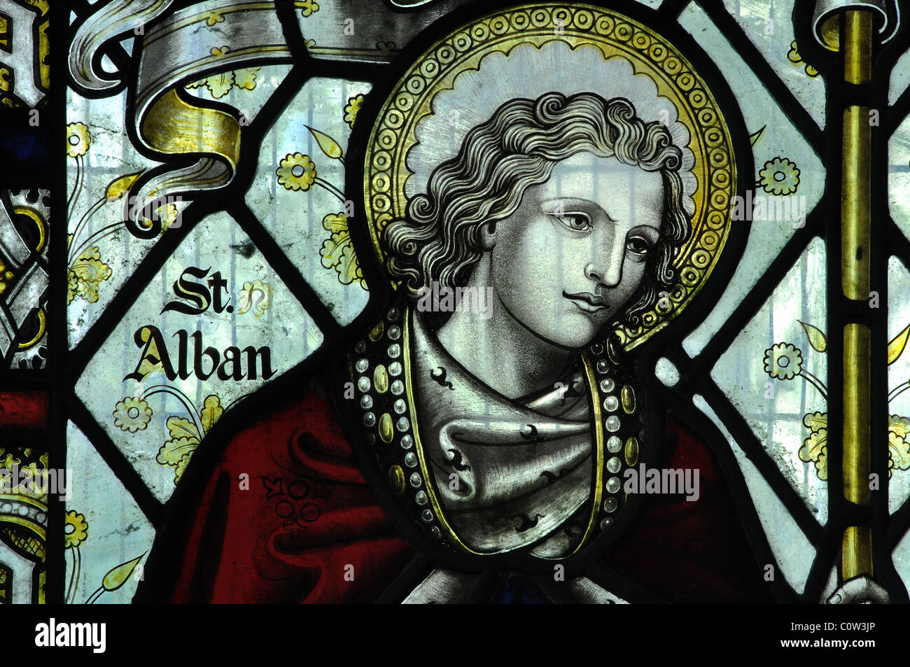 St. Alban stained glass, St. Simon and St. Jude Church, Milton under Wychwood, Oxfordshire, England, UK Stock Photo