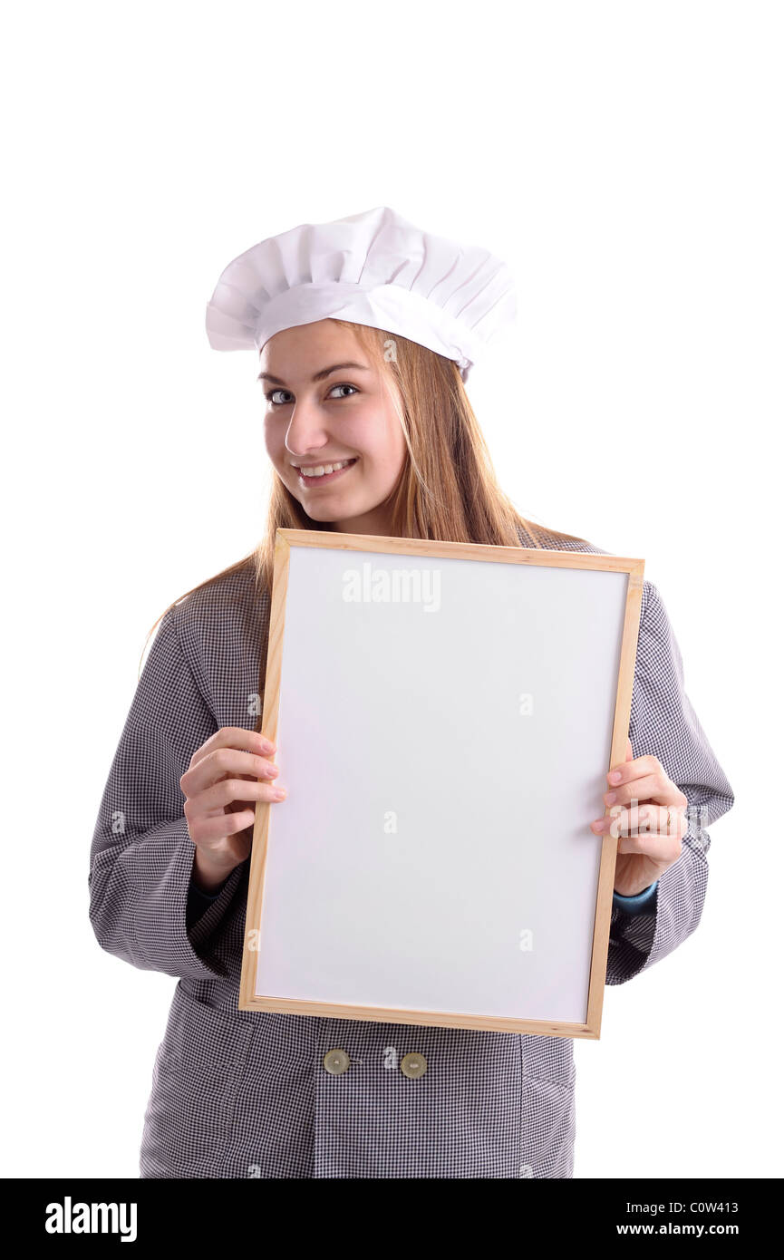young female cook with ad bord. Isolated on white Stock Photo