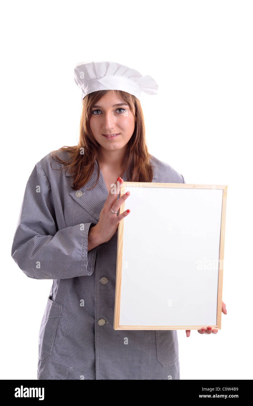 young female cook with add bord on white background Stock Photo