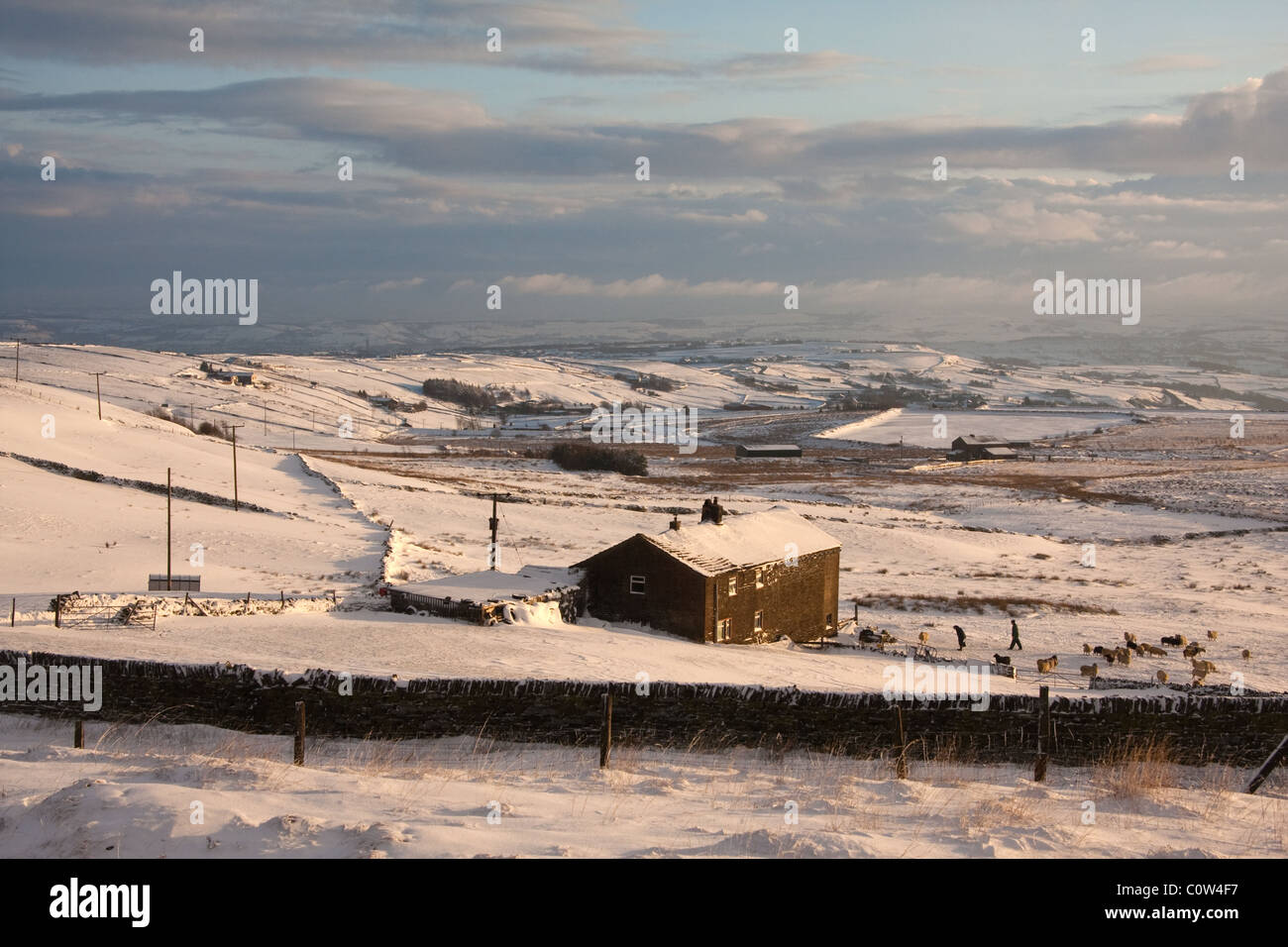 Farmers and sheep by farmhouse in wintry Pennine hills Stock Photo