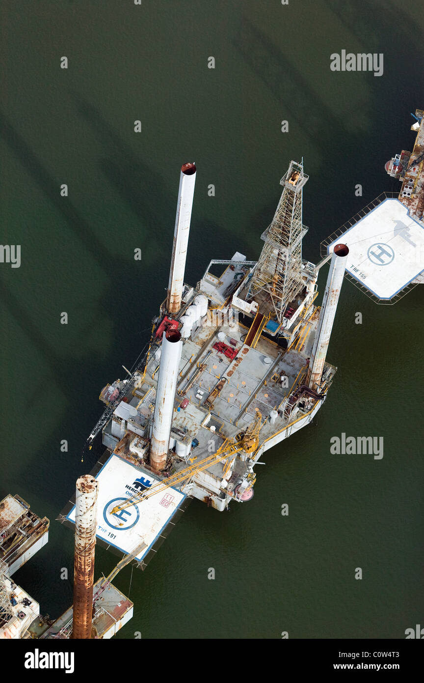 aerial via above Hercules Offshore oil platform Texas Stock Photo