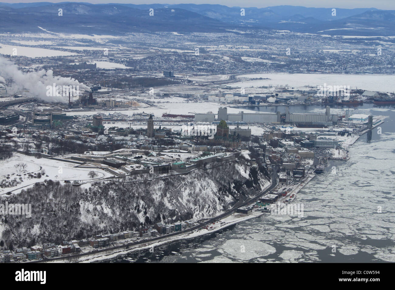 Winter icy  air view of Quebec City and St. Lawrence River Stock Photo