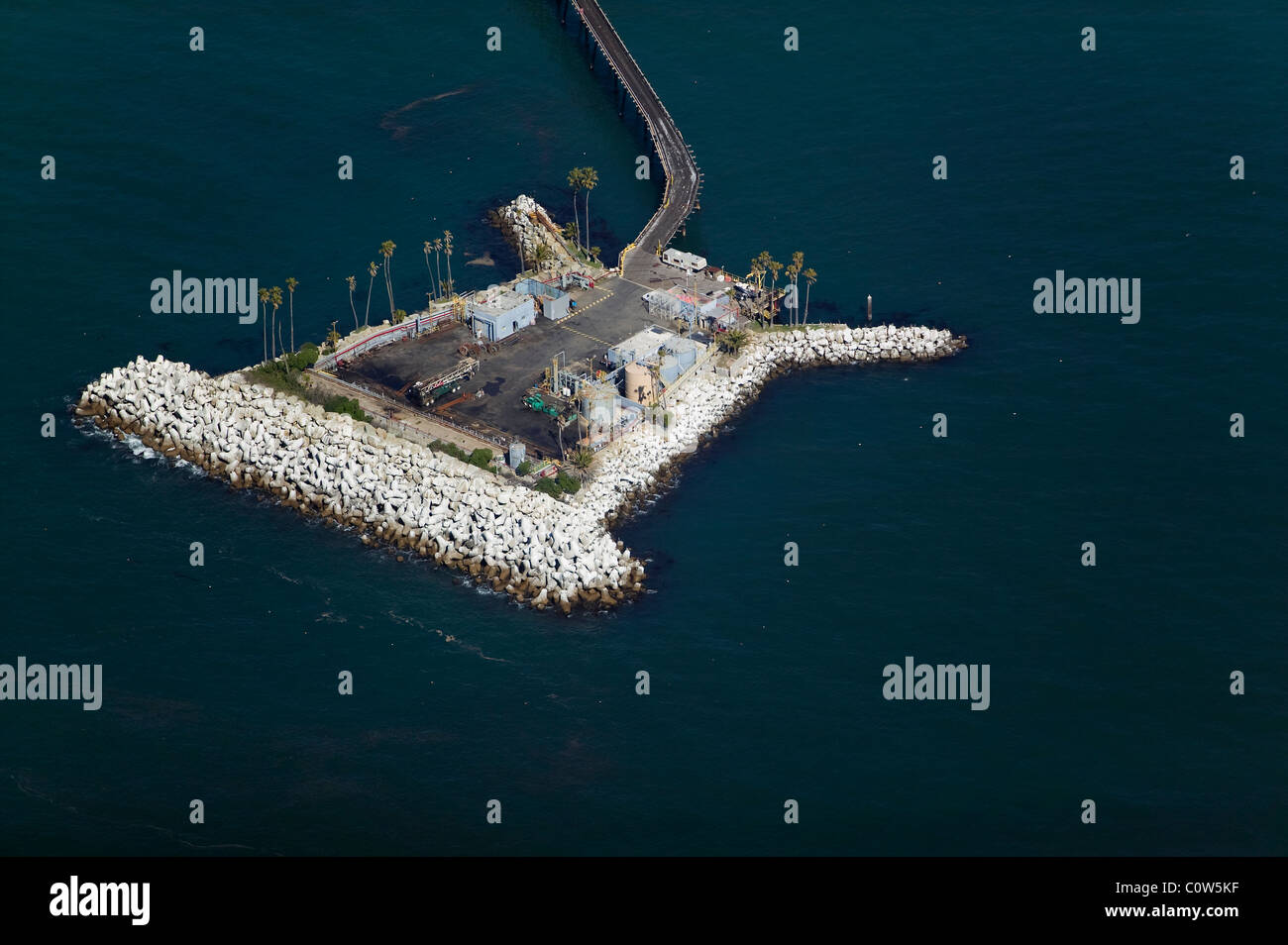 aerial view above Richfield Pier Rincon Island California Stock Photo