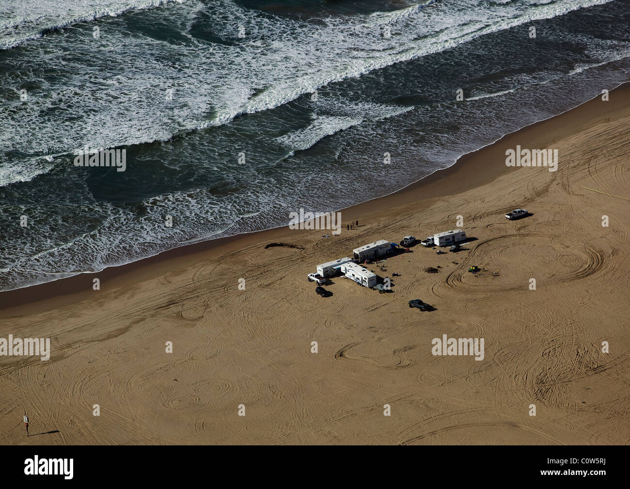 aerial view above mobile home RV camping beach central California Stock Photo