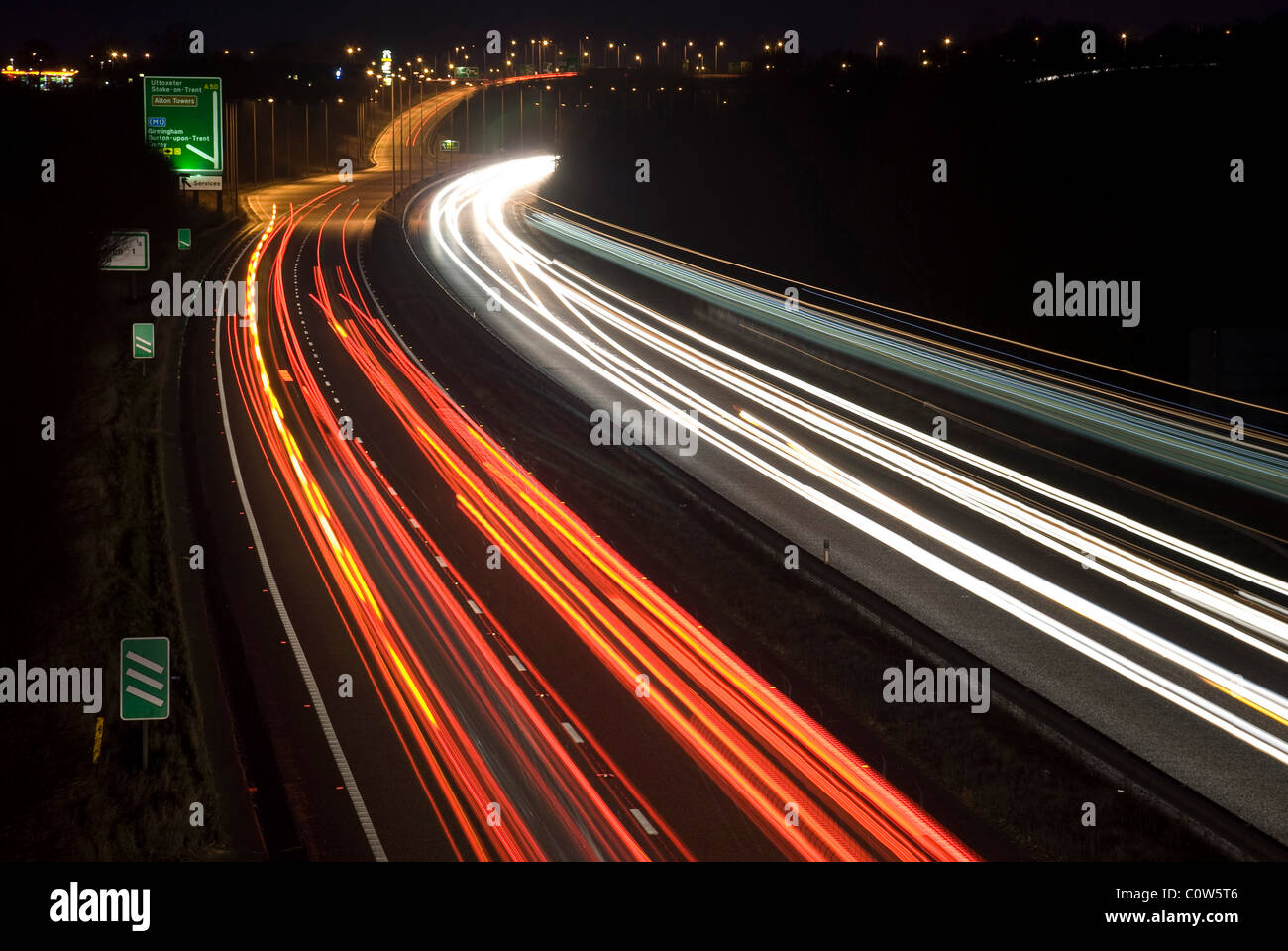 A Section of the A50 Dual Carriage Way in Derby, Derbyshire showing Light trails After Dark. Stock Photo