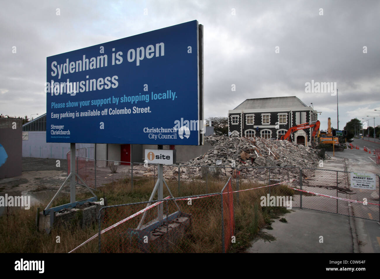 Sign on outskirts of suburb of Sydenham, Christchurch, New Zealand after the 6.3 magnitude earthquake Stock Photo