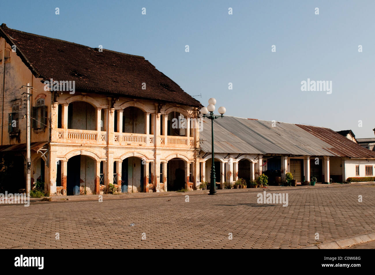 French colonial houses on the main square, Savannakhet, Laos Stock Photo