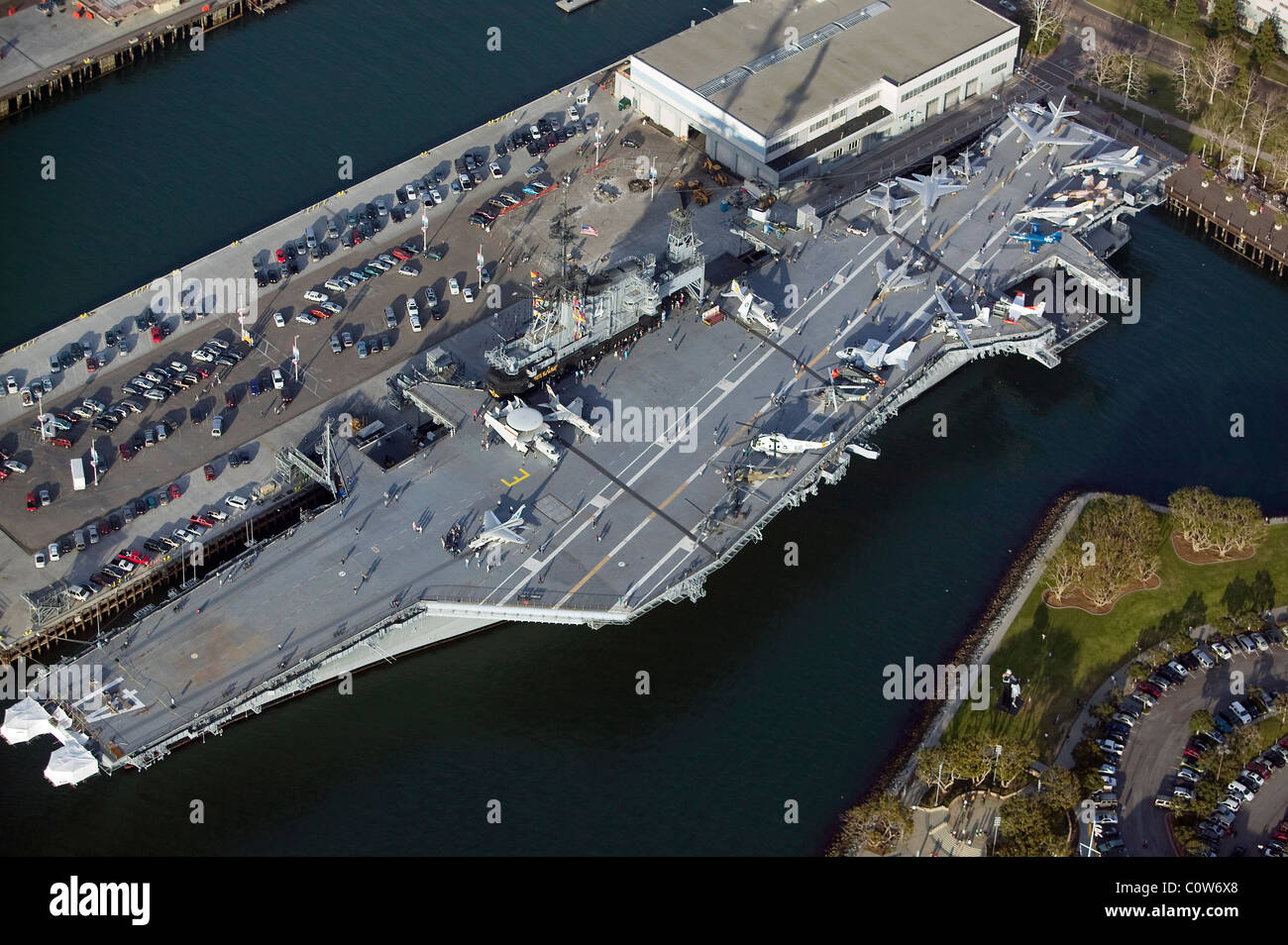 aerial view above USS Midway aircraft carrier museum ship San Diego California Stock Photo