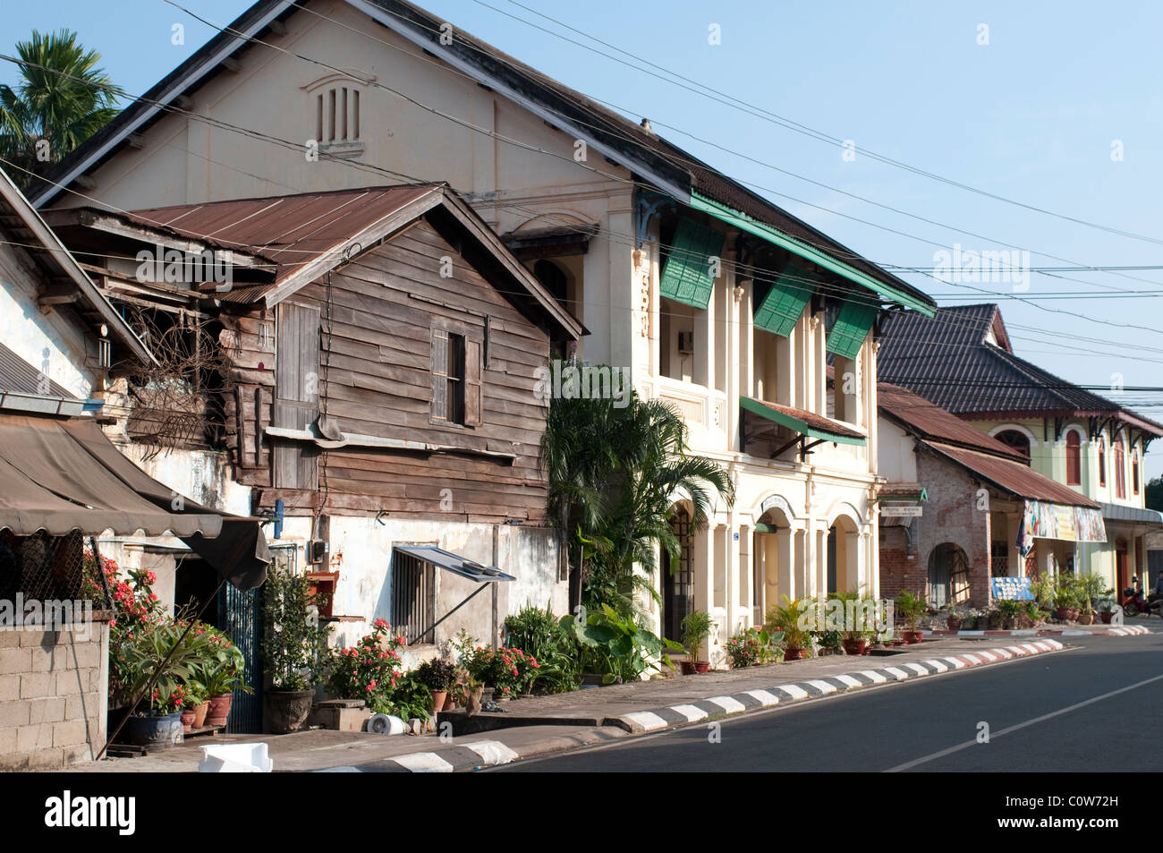 French style houses, Savannakhet, Laos Stock Photo