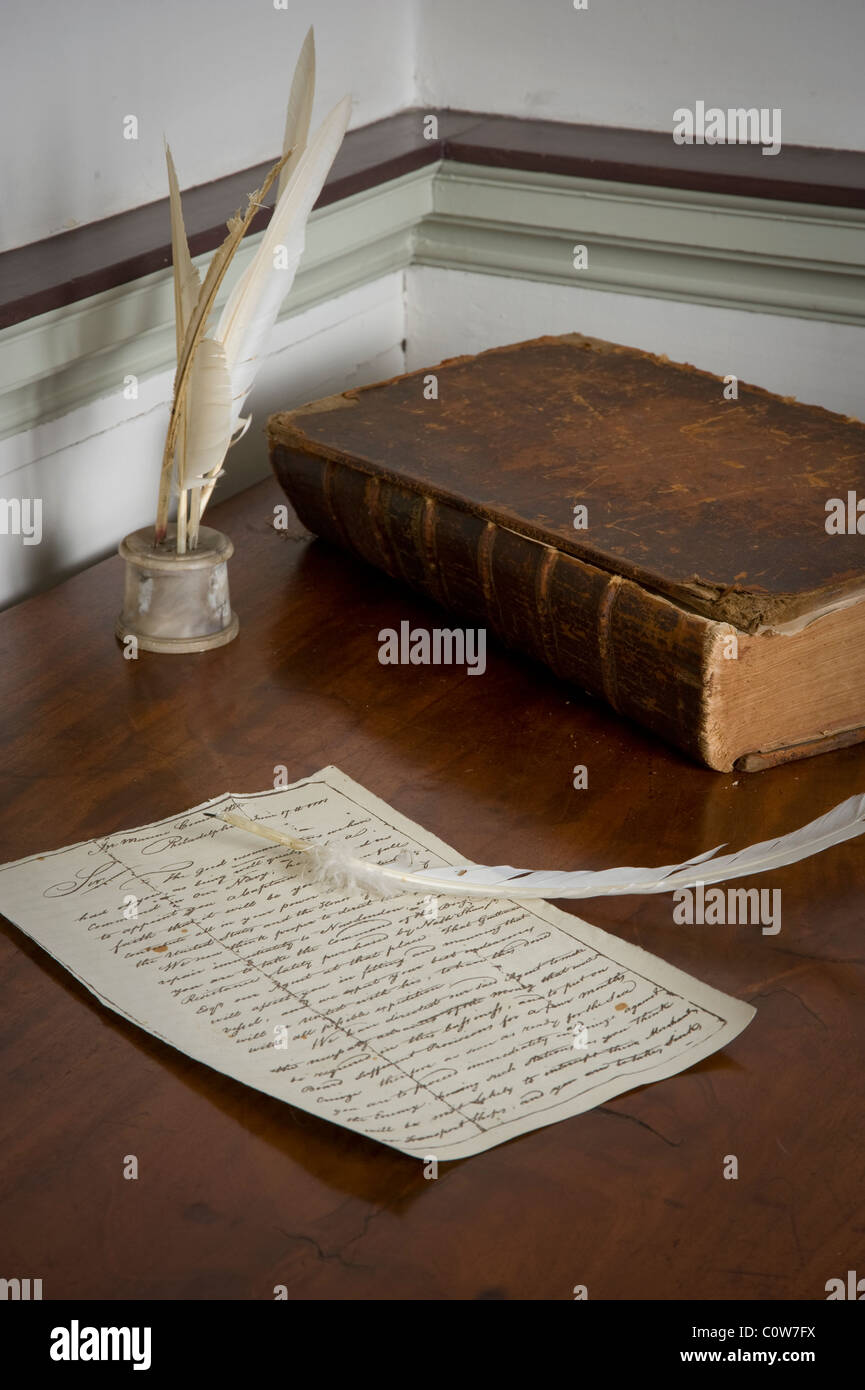 Quill Pen & Old Handwritten Letter With Antique Book Stock Photo