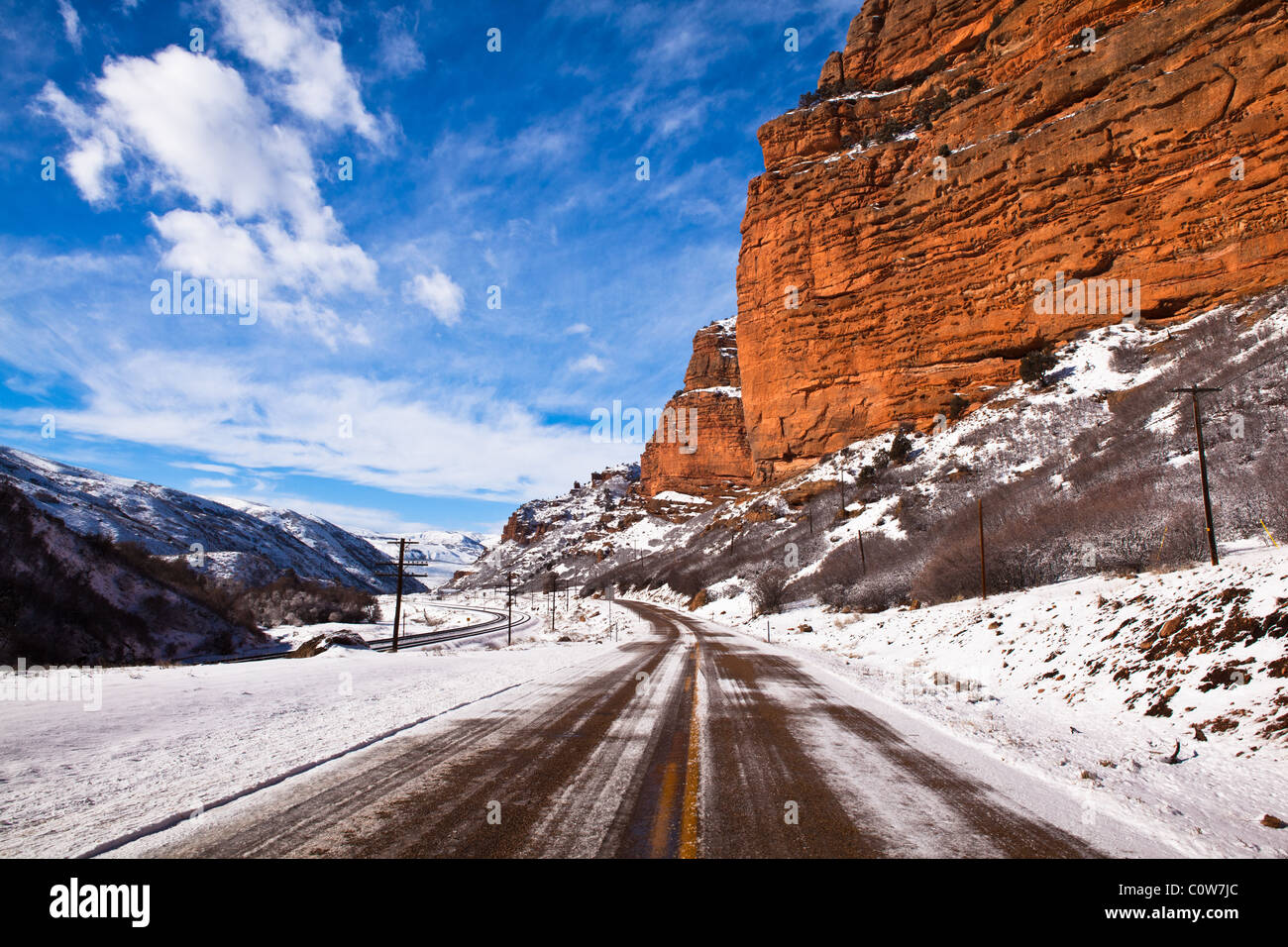 A beautiful winter scene taken from railroad tracks in the red rocks near Echo, Utah Stock Photo