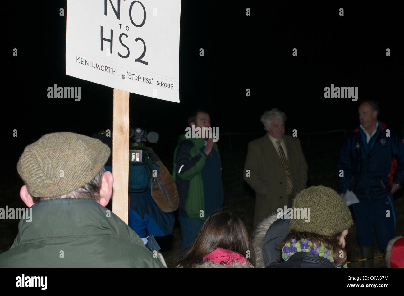 A collection of protesters campaigning on the proposed route of the HS2 train through Kenilworth, Warwickshire. Stock Photo