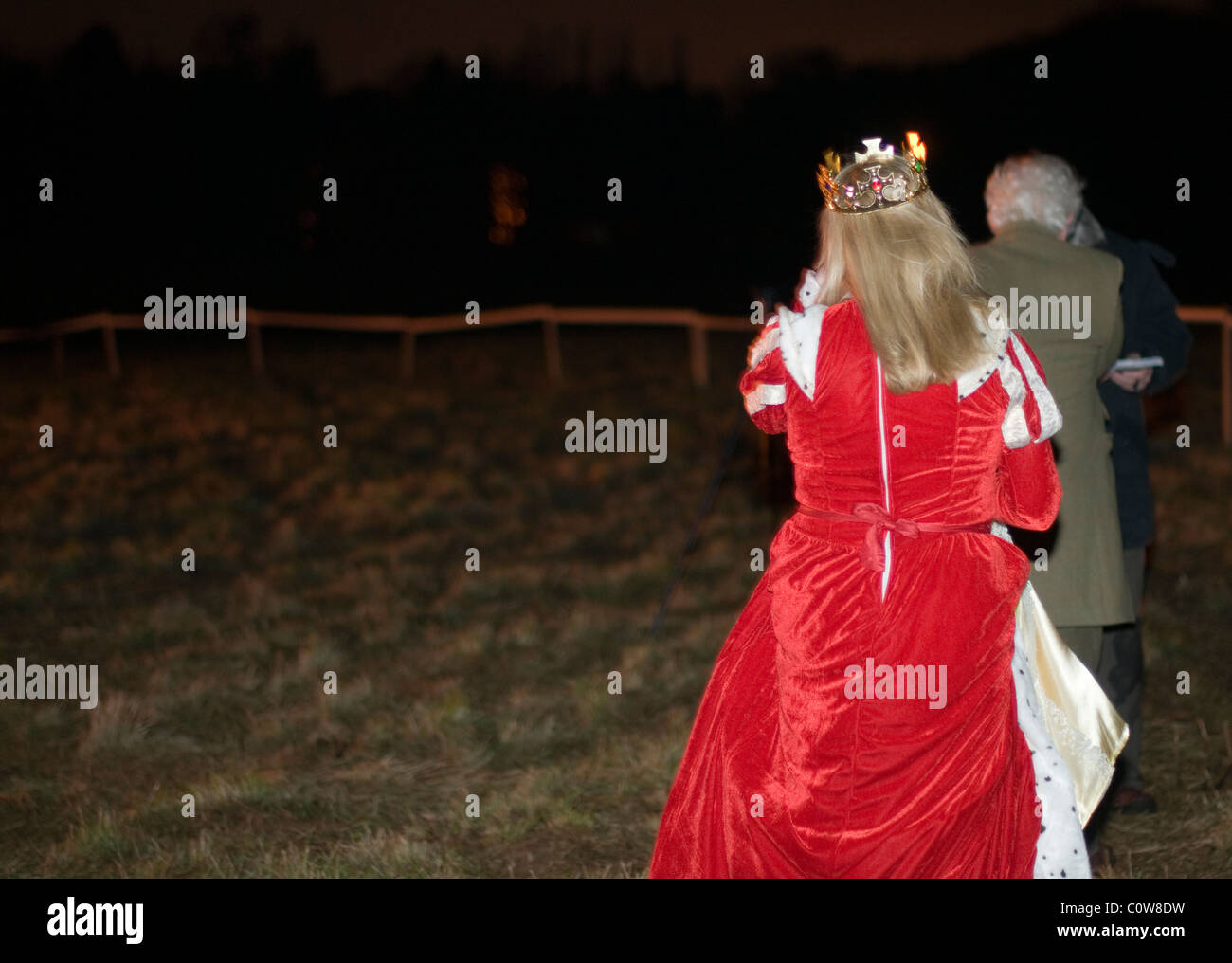 An anti-HS2 protester dressed as The Queen on the HS2 line's proposed route through Kenilworth, Warwickshire. Stock Photo