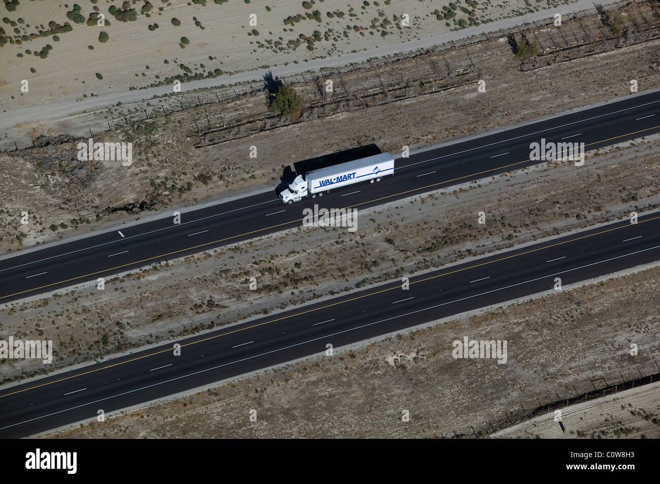 aerial view above Walmart truck interstate I-5 central valley California Stock Photo
