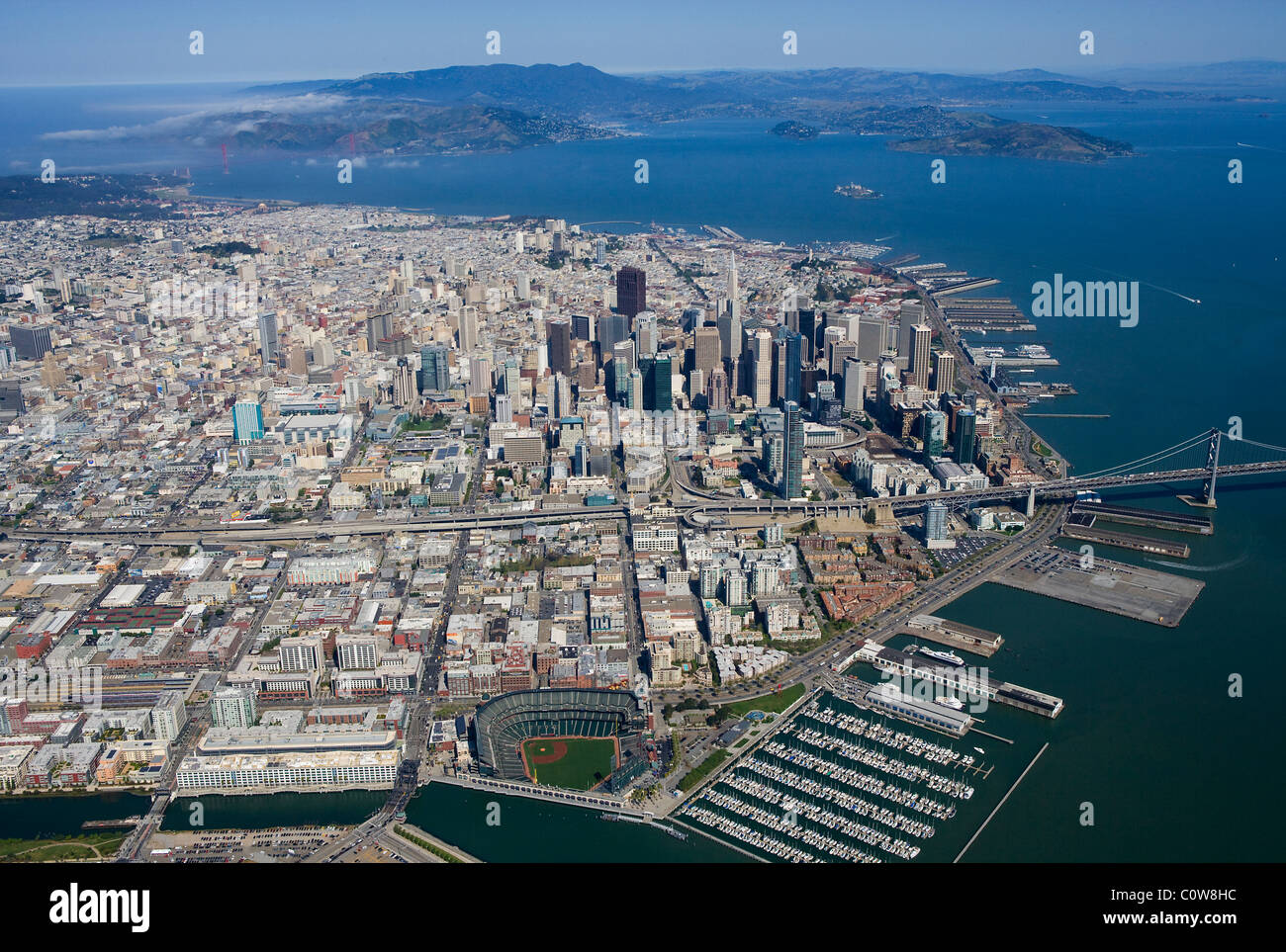 aerial view above AT&T baseball park waterfront San Francisco California Stock Photo