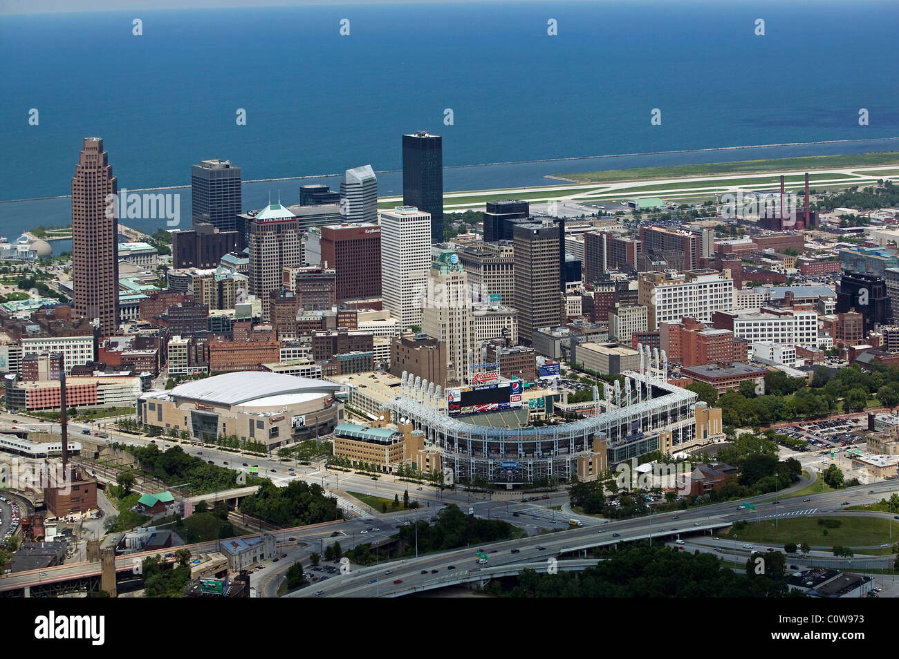 aerial view above downtown Cleveland Ohio Stock Photo