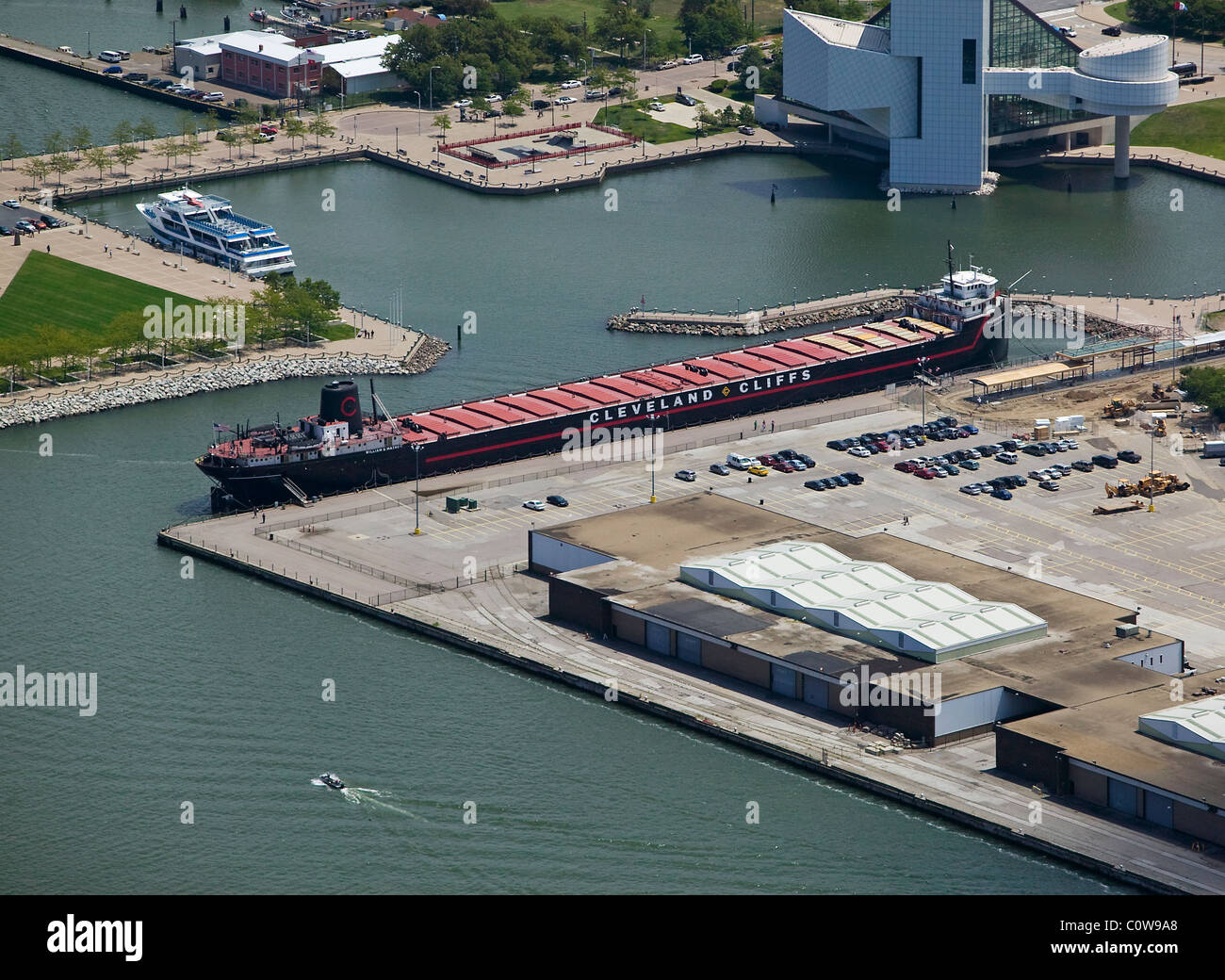 aerial view above steamship William G. Mather retired Great Lakes bulk freighter docked waterfront Cleveland Ohio Stock Photo