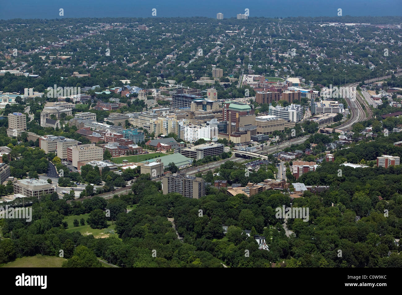 aerial view above medical campus Cleveland Clinic Ohio Stock Photo