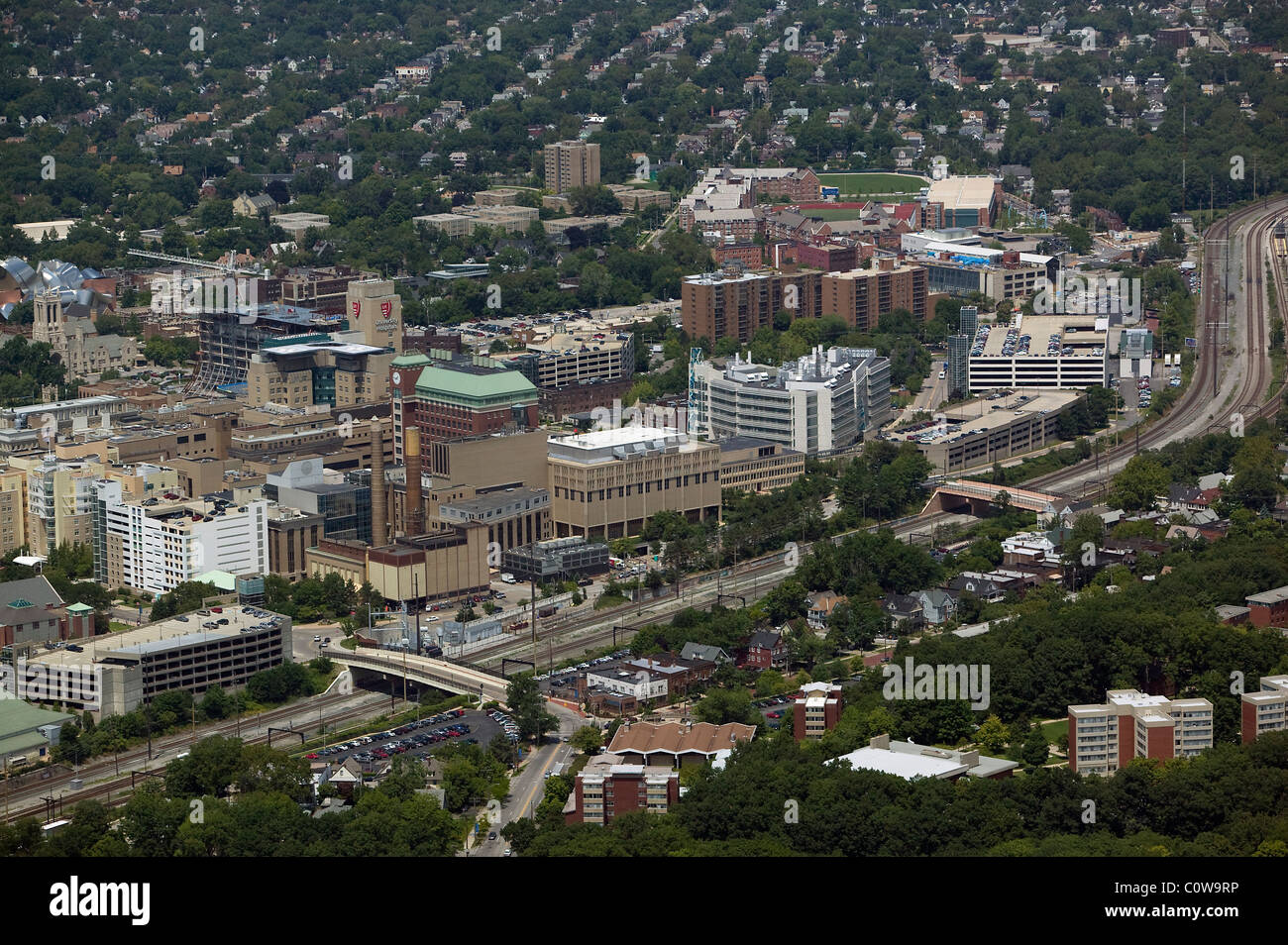 aerial view above medical campus Cleveland Clinic Ohio Stock Photo