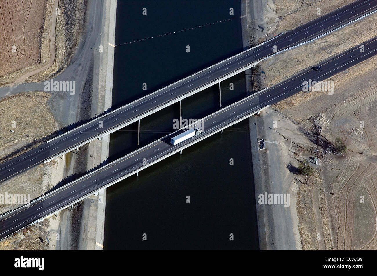 aerial view above interstate I-5 crossing aqueduct central valley California Stock Photo