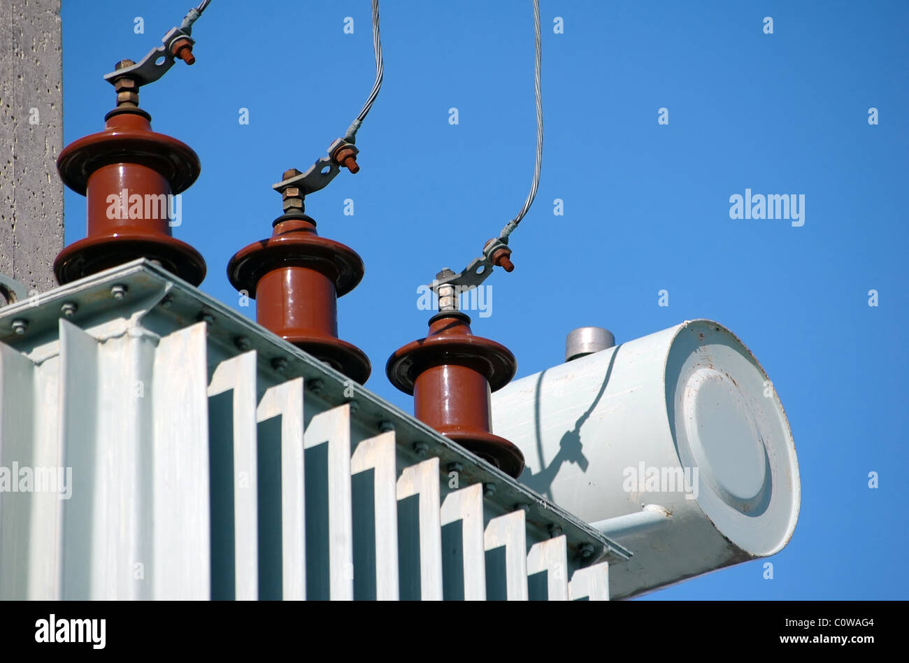 Electric power line transformer Stock Photo