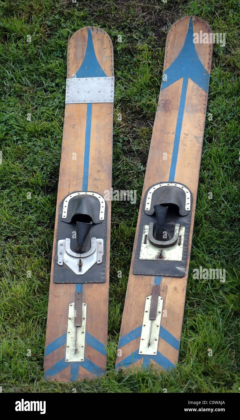 old-fashioned wooden water ski pair Stock Photo