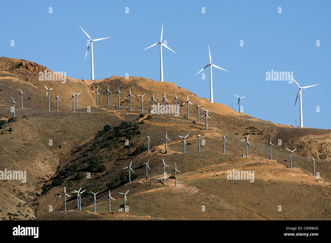 Wind turbine farm - western edge of the Mojave Desert, California. Stock Photo