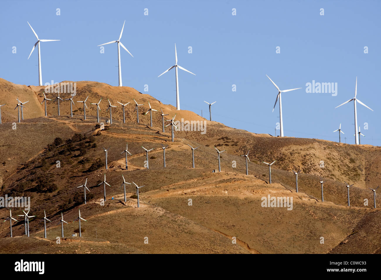 Wind turbine farm - western edge of the Mojave Desert, California. Stock Photo