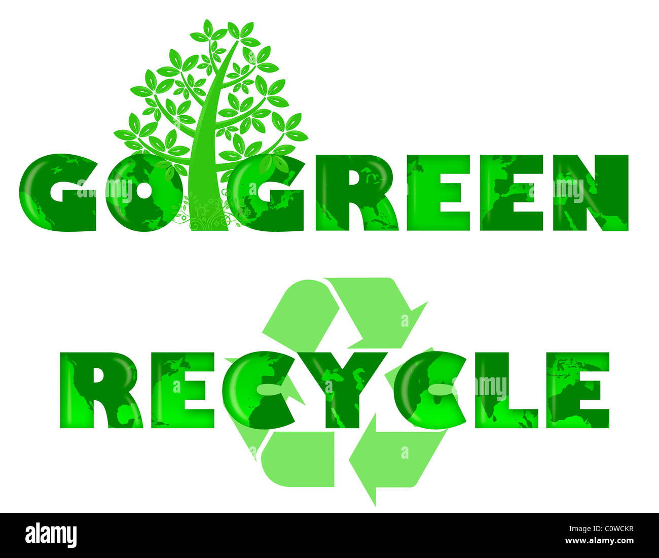 Go Green and Recycle Logo with World Map Illustration Stock Photo