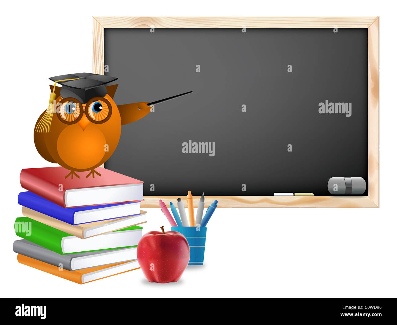 Classroom with Chalkboard Books Pens and Red Apple Illustration Stock