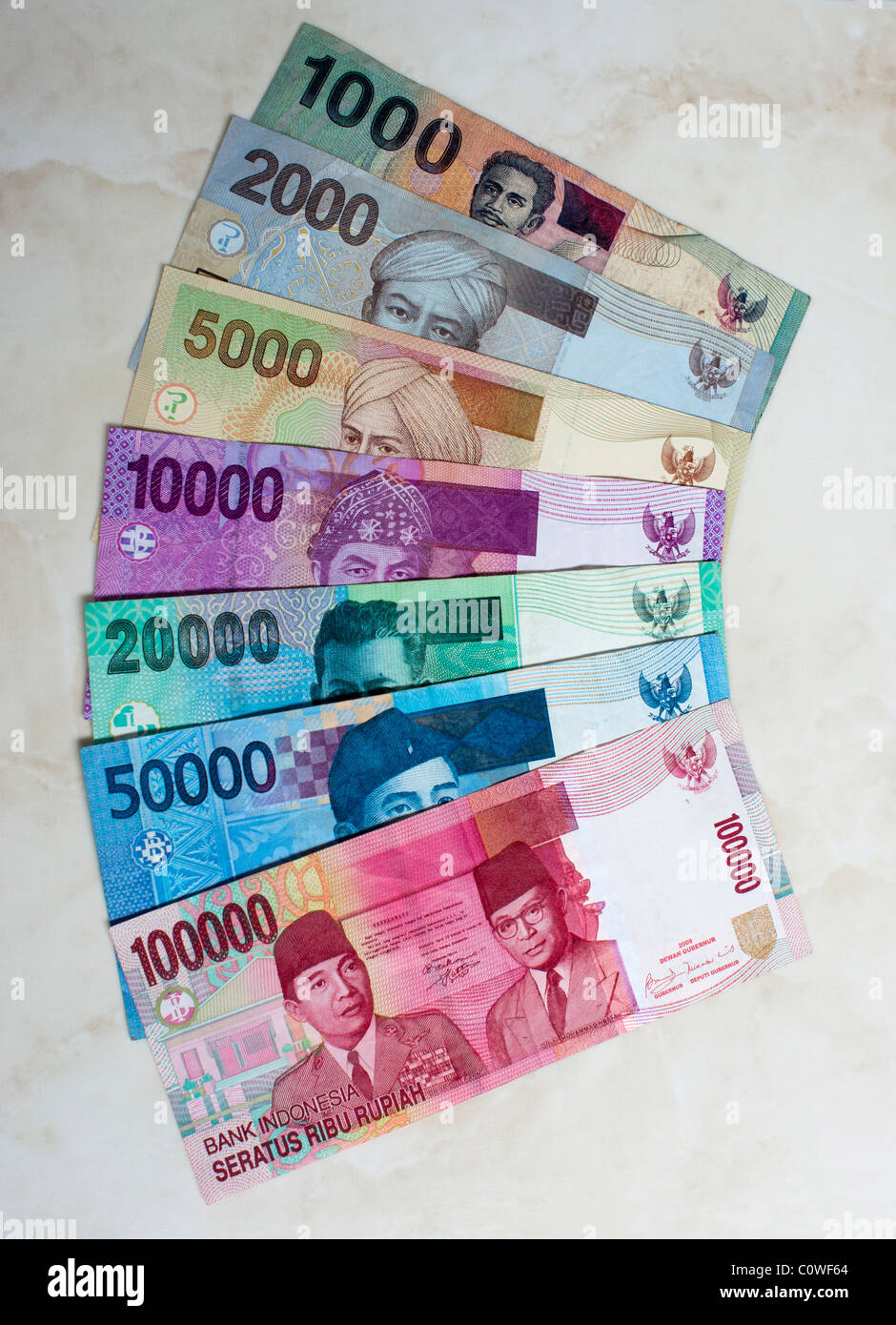 Indonesian currency notes from 100,000 to 1000 rupiah Stock Photo