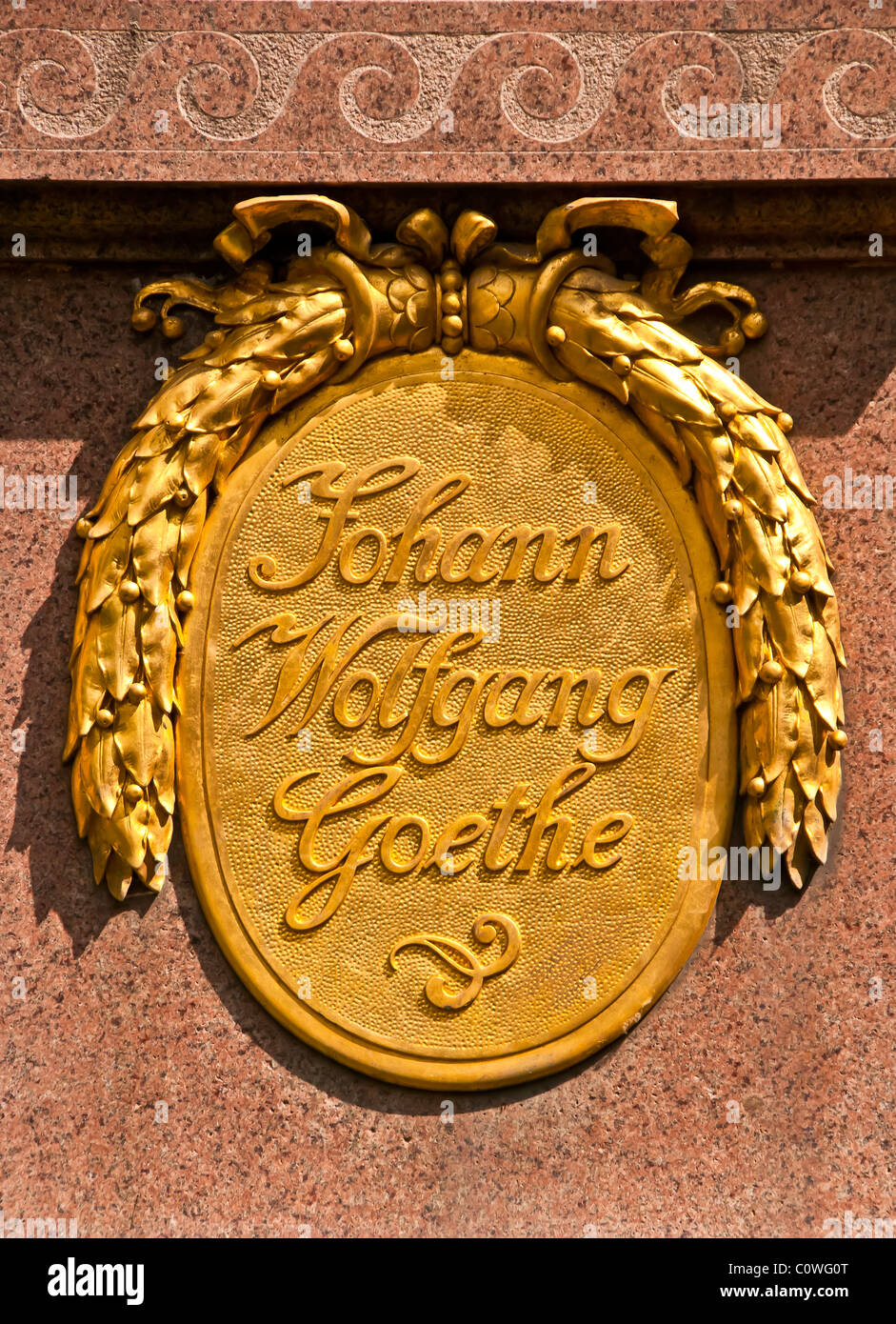 Leipzig Germany Johann Wolfgang Goethe statue base with German composer's name Stock Photo