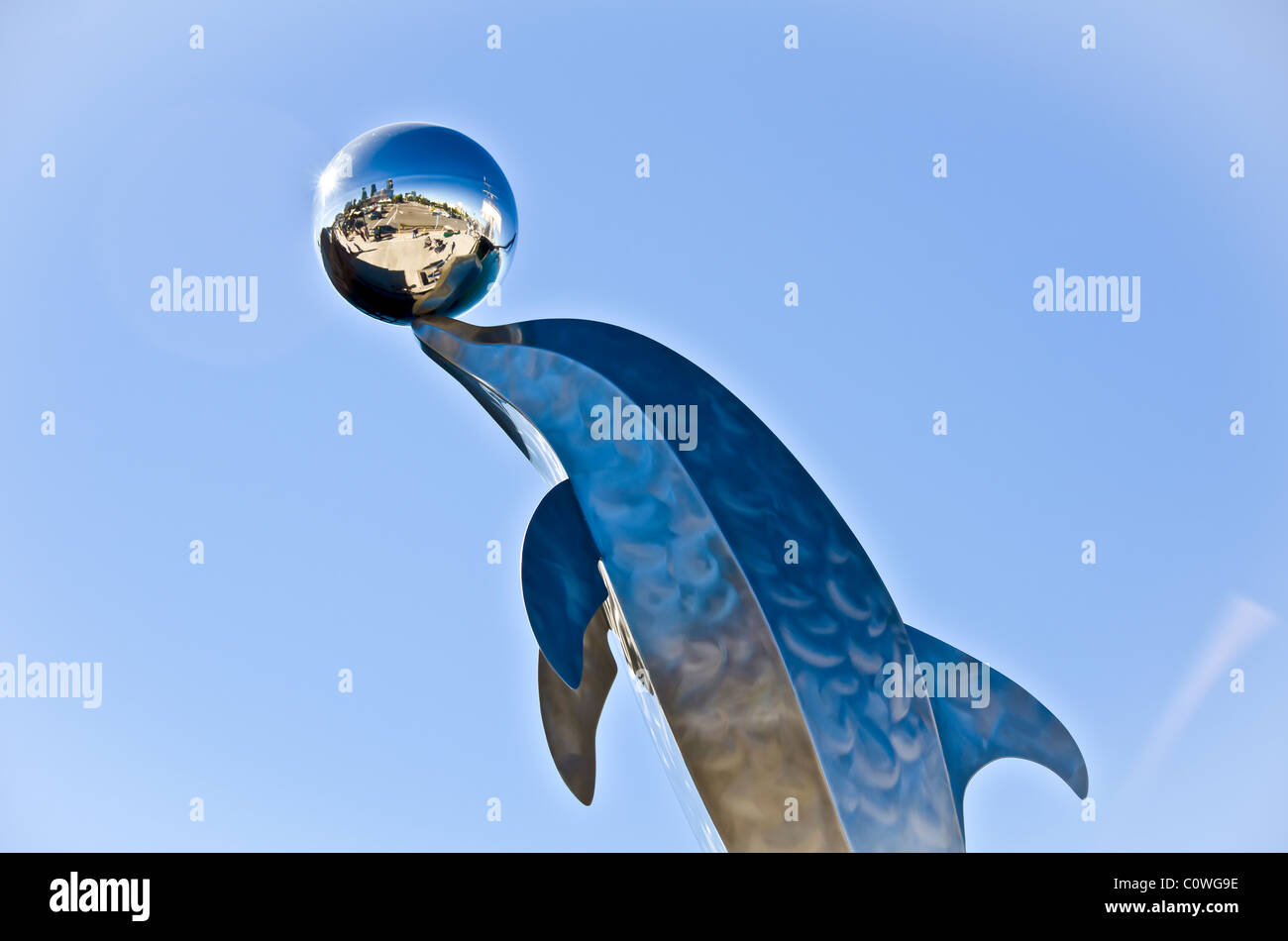 California San Diego waterfront bay scene metal dolphin sculpture Stock Photo